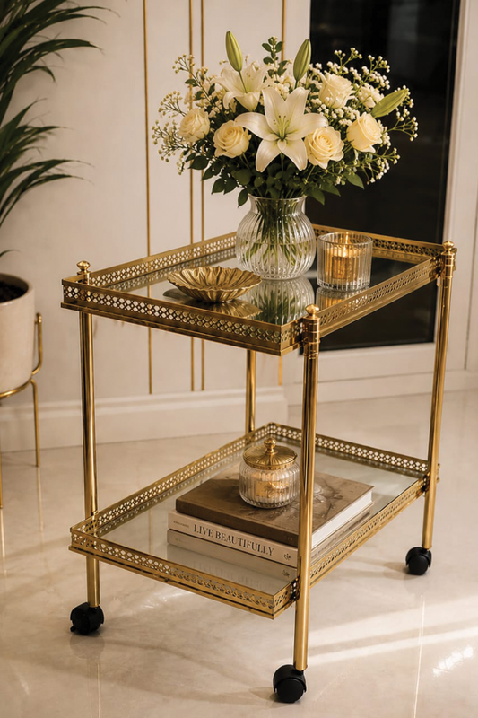 Vintage square brass & smoked glass trolley